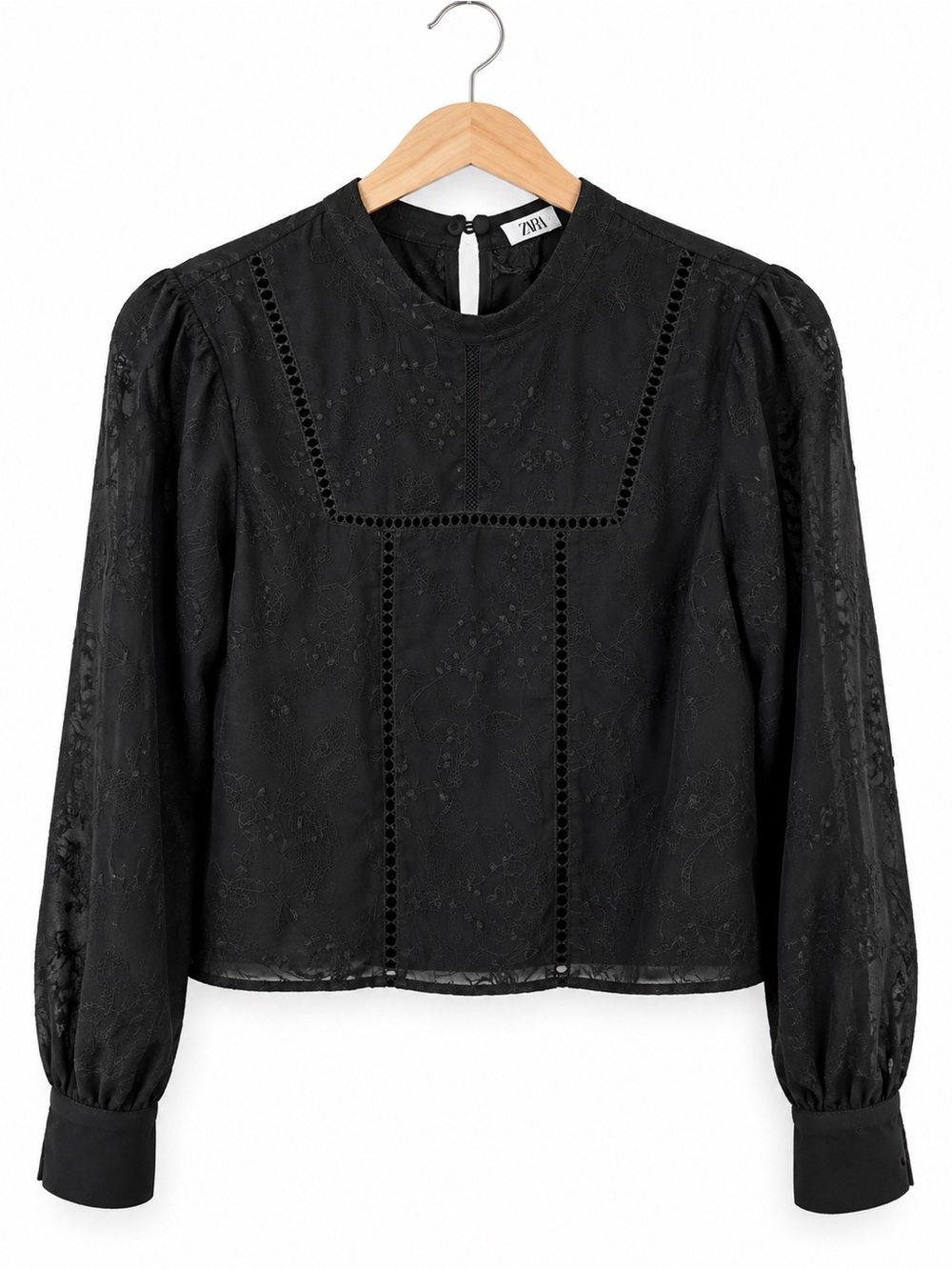 Zara Black Lace Blouse M NWT Puff Sleeve Sheer Romantic Victorian Goth Top